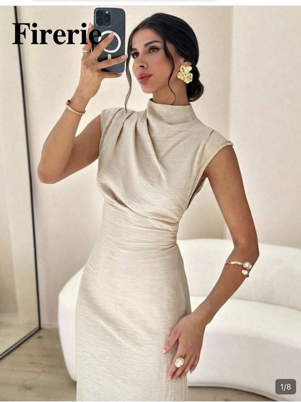 SHEIN Cream Draped High-Neck Midi Dress